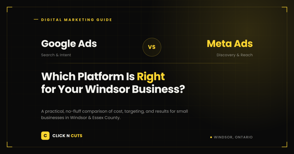 Google Ads vs Facebook Ads comparison graphic for Windsor Ontario small businesses