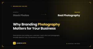 Stock photos vs professional branding photography comparison graphic for Windsor Ontario small businesses
