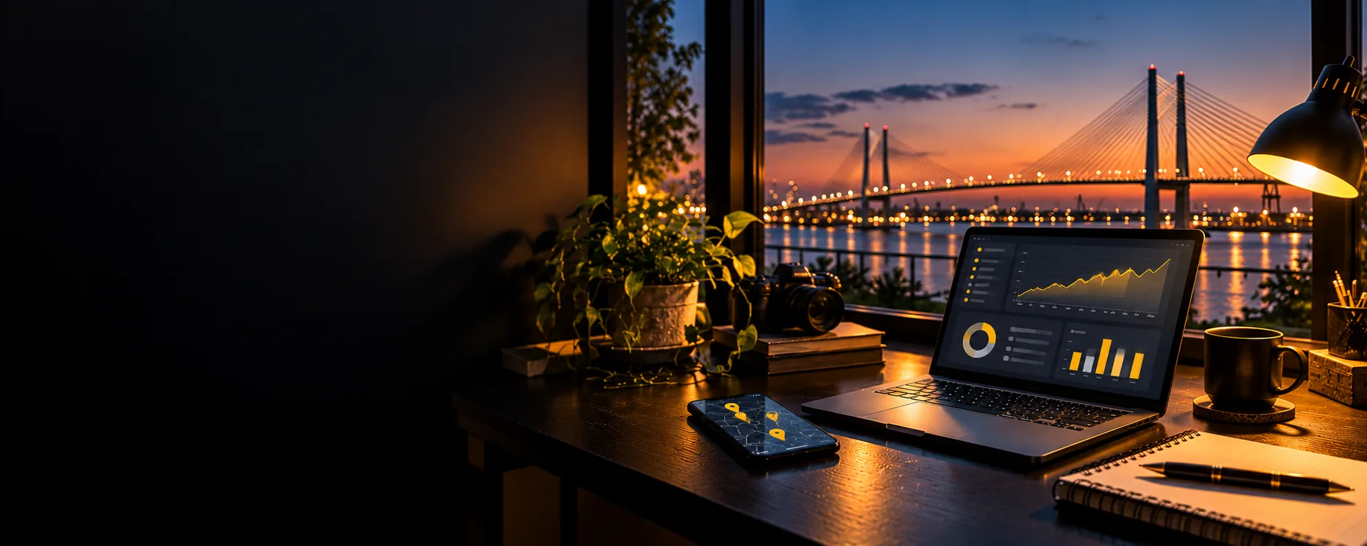 Digital marketing workspace with a laptop showing analytics, a phone with local map pins and a camera on a desk, with a lit bridge over the water at dusk