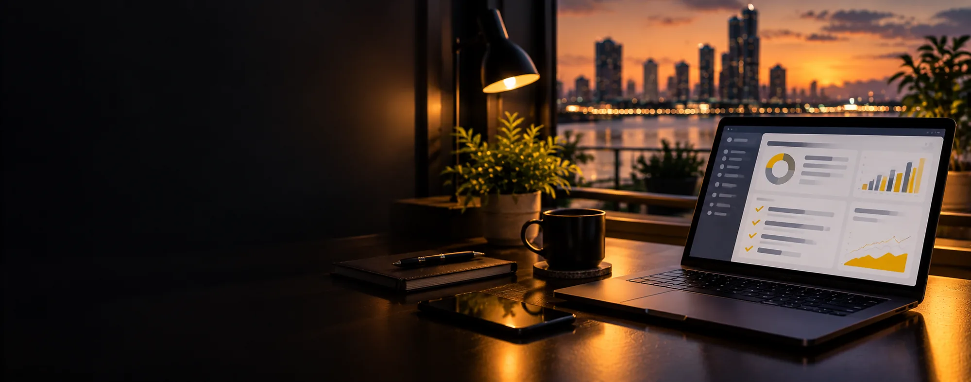Laptop showing a marketing report with charts and a checklist on a desk in front of the Windsor riverfront skyline at dusk