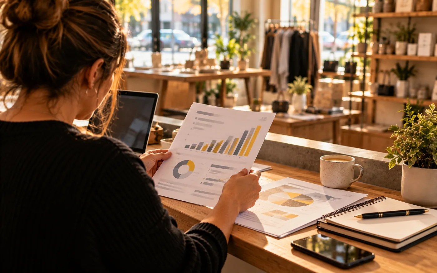 Business owner reviewing a printed marketing report with charts at a shop counter