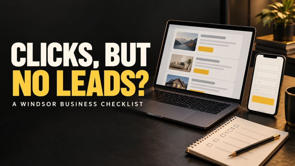 Google Ads clicks but no leads: Windsor business checklist cover with a laptop, enquiry form and yellow headline
