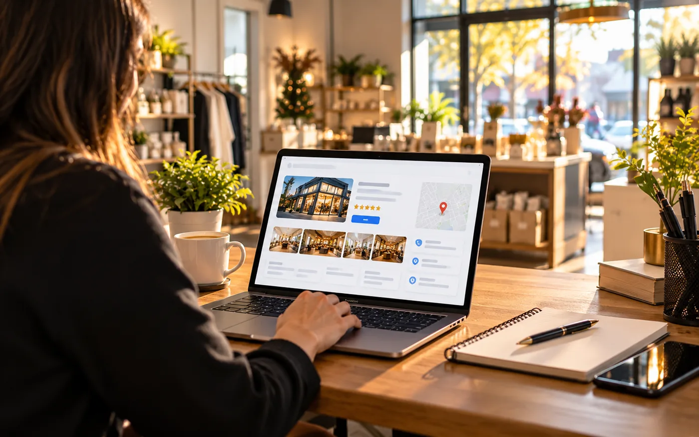 Windsor shop owner reviewing a Google Business Profile on a laptop
