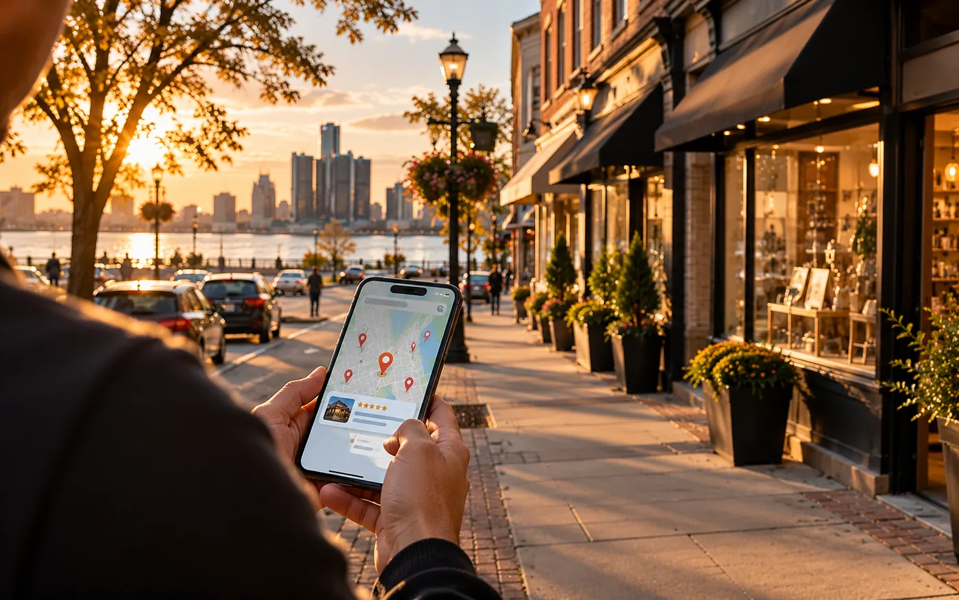 Customer searching for local businesses on Google Maps on a Windsor, Ontario street
