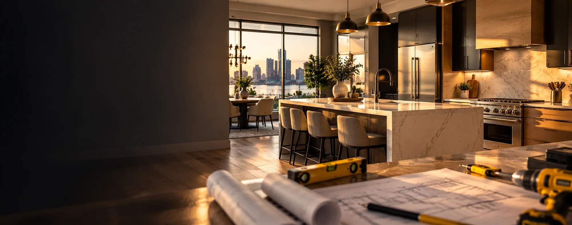 Finished modern kitchen with the Windsor riverfront skyline at sunset, with blueprints and tools on the counter
