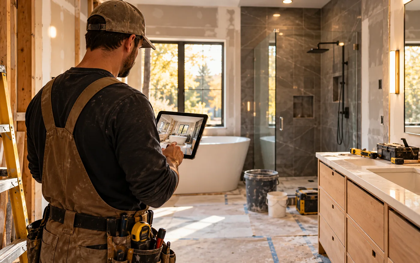 Contractor reviewing a finished bathroom design on a tablet in a bathroom renovation