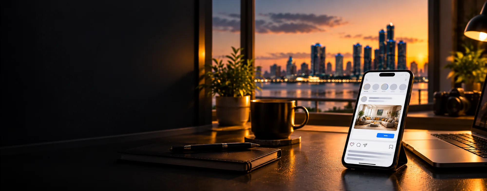 Smartphone showing a social media post on a desk in front of the Windsor riverfront skyline at sunset