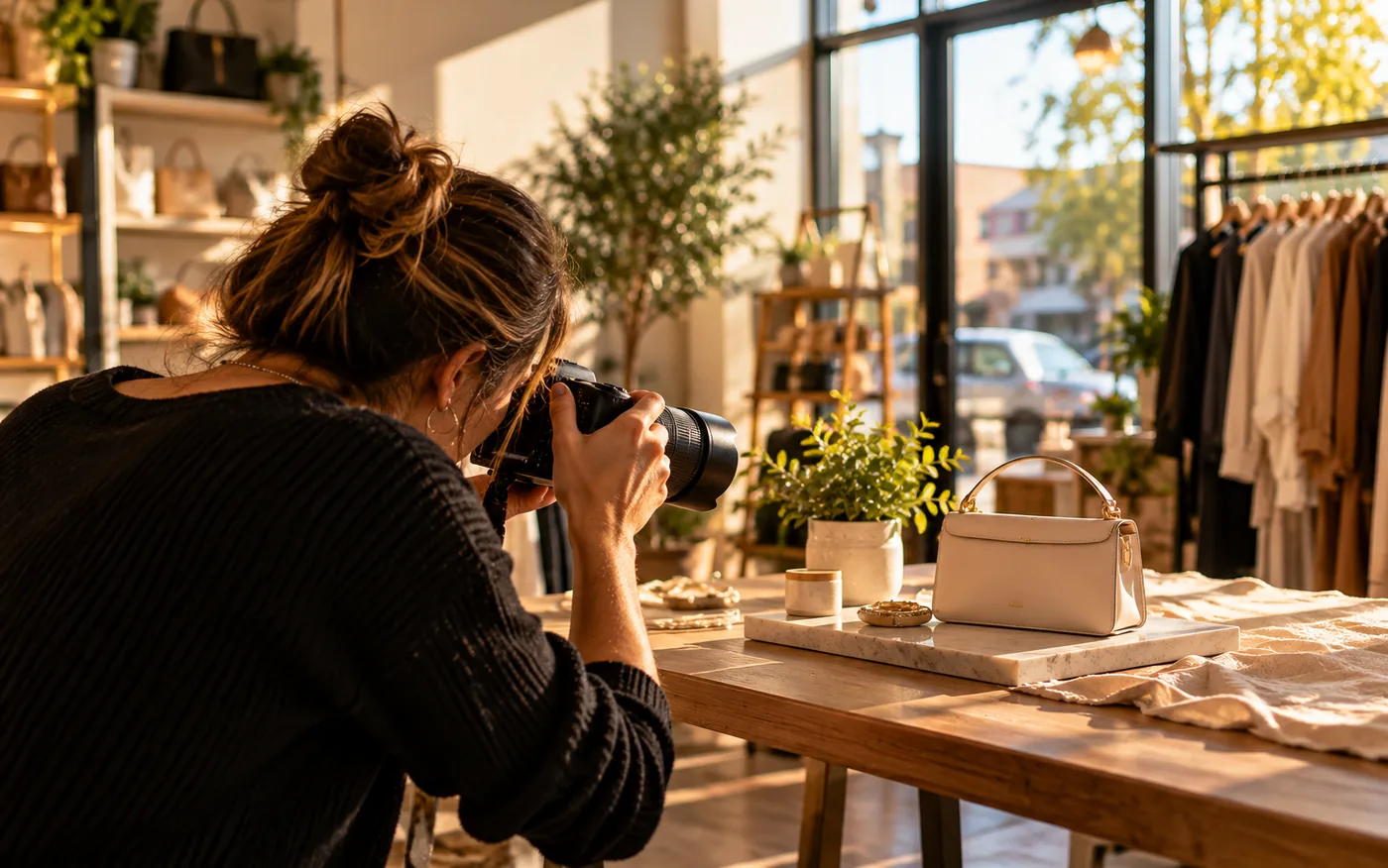 Photographer taking a product photo in a boutique shop for social media ads